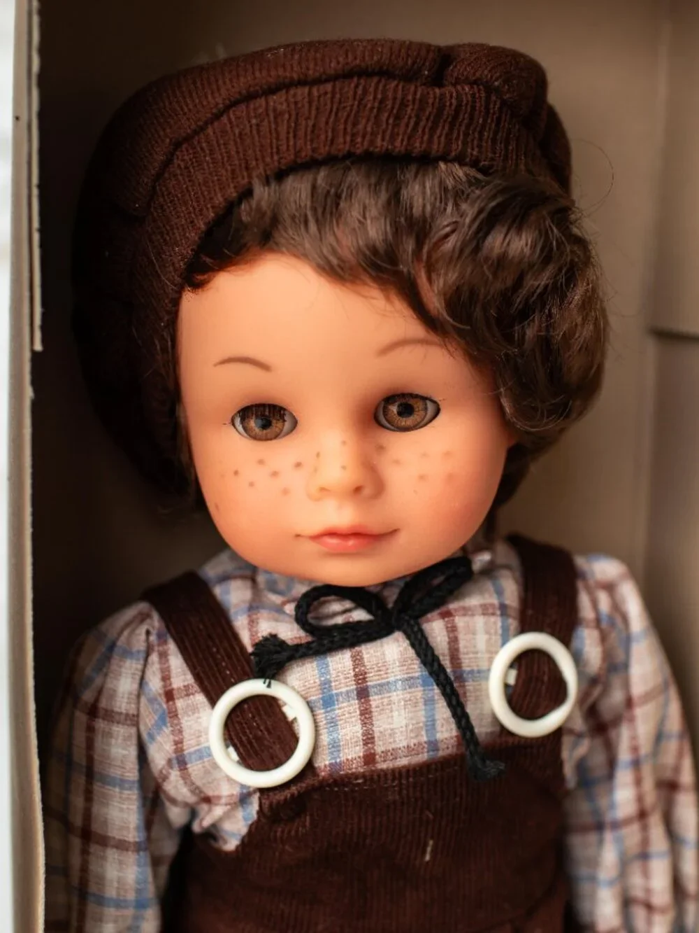 Vintage Götz Weichbaby Doll West Germany Boy Brown Overalls in Box Sleep Eyes